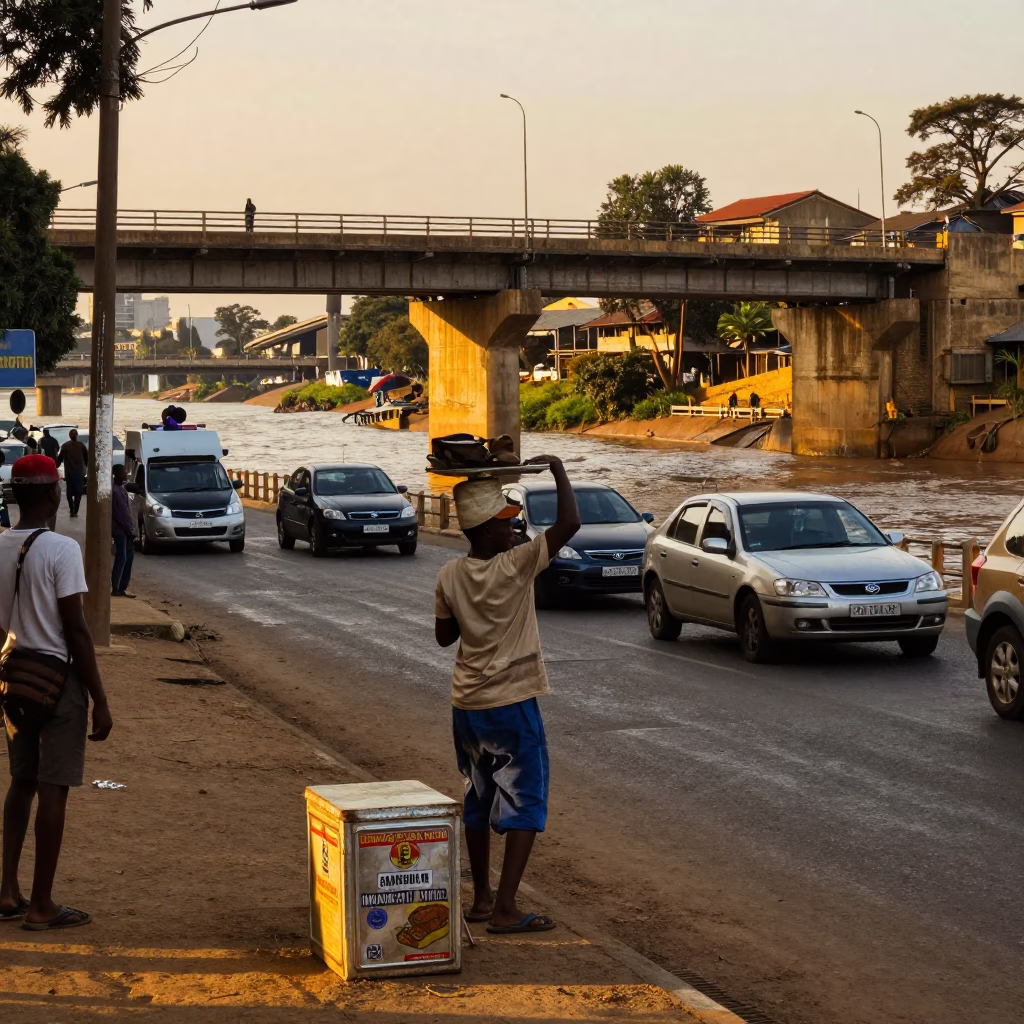 Nairobi Kenya Golden Hour Street Scene with Tin Box and Bridge Pier in in Nairobi, Kenya