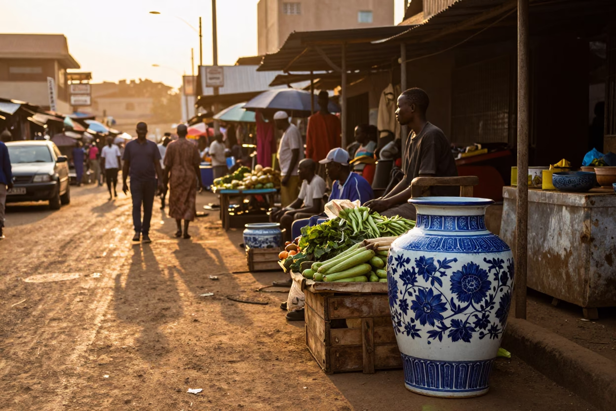 Nairobi Kenya Golden Hour Street Scene with Vintage Blue Porcelain Jar on Market Stall in in Nairobi, Kenya