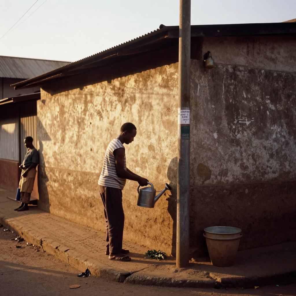 Nairobi Kenya Golden Hour Street Scene with Watering Jug and Local Life in in Nairobi, Kenya