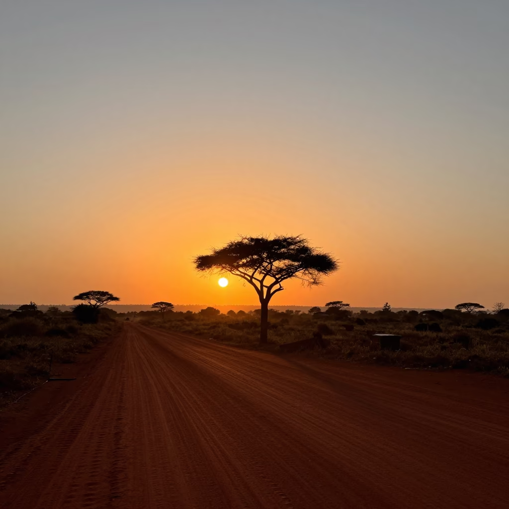 Nairobi Kenya Horizon Shot at Sunset with Red Dirt Road and Acacia Trees in in Nairobi, Kenya