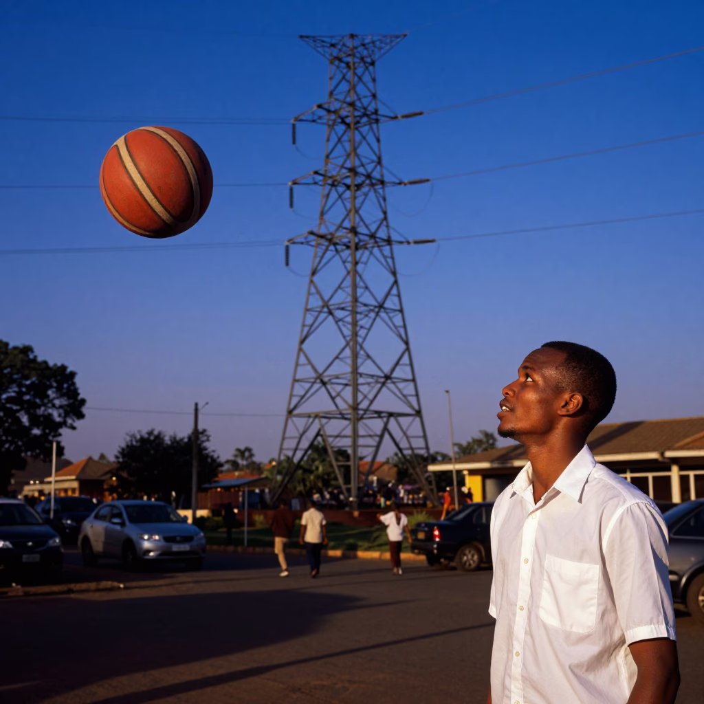 Nairobi Kenya Indigo Twilight Power Substation Lattice and Leather Basketball Scene in in Nairobi, Kenya