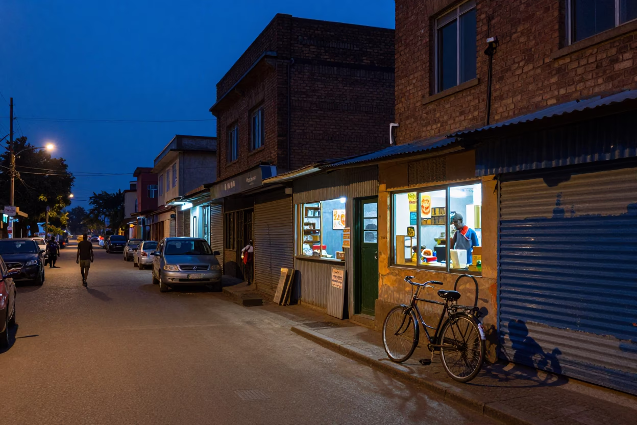 Nairobi Kenya Indigo Twilight Street Scene with Bicycle and Urban Architecture in in Nairobi, Kenya