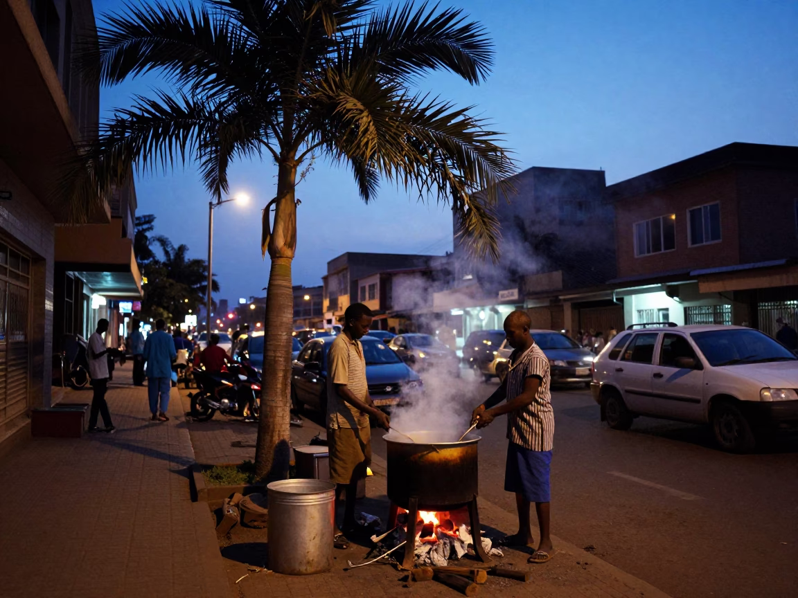 Nairobi Kenya indigo twilight street scene with date palm and cooking pot in in Nairobi, Kenya