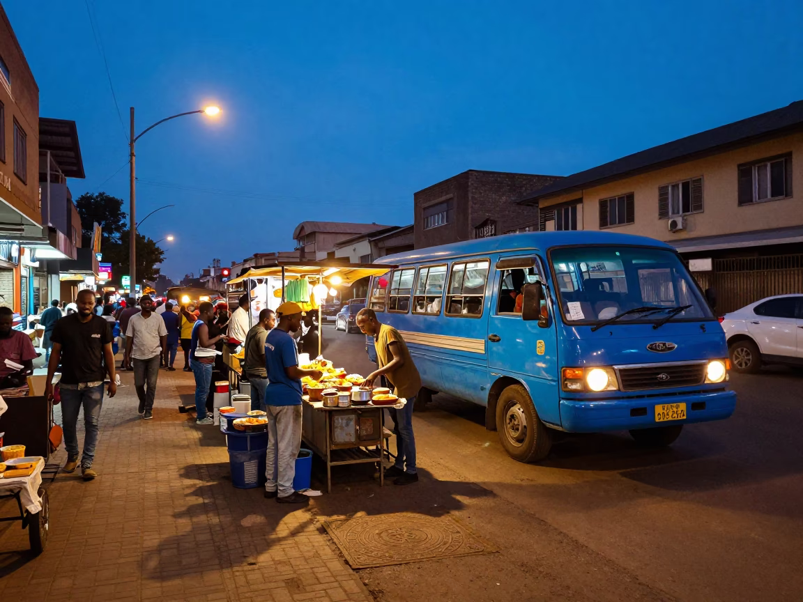 Nairobi Kenya indigo twilight street scene with food vendor and parked matatu in in Nairobi, Kenya