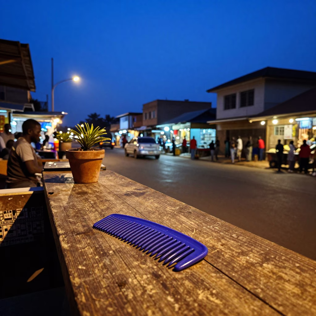 Nairobi Kenya indigo twilight street scene with hair comb and prayer plant in in Nairobi, Kenya