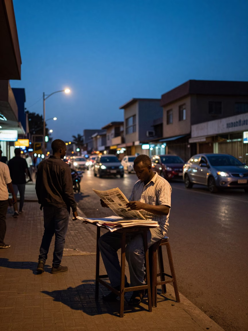 Nairobi Kenya indigo twilight street scene with newspaper vendor and casual pedestrian interaction in in Nairobi, Kenya