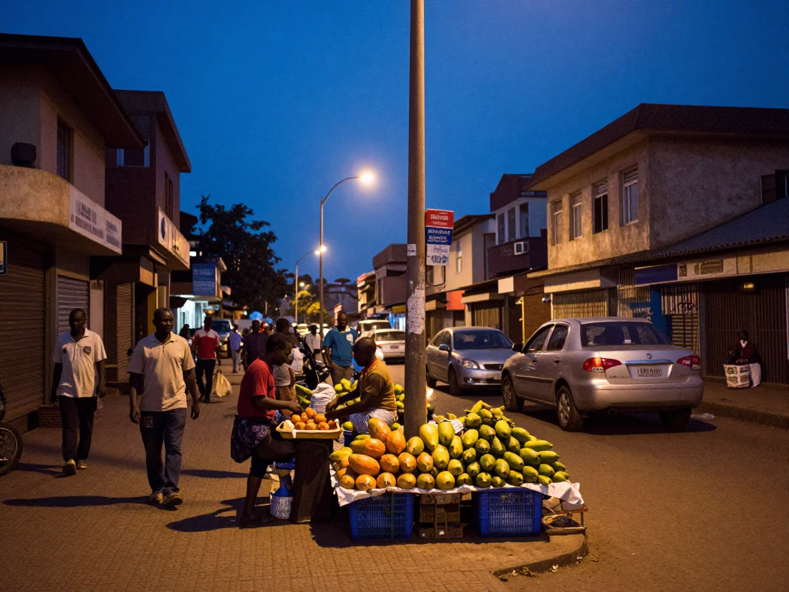 Nairobi Kenya Indigo Twilight Street Scene with Papayas and Local Market Activity in in Nairobi, Kenya