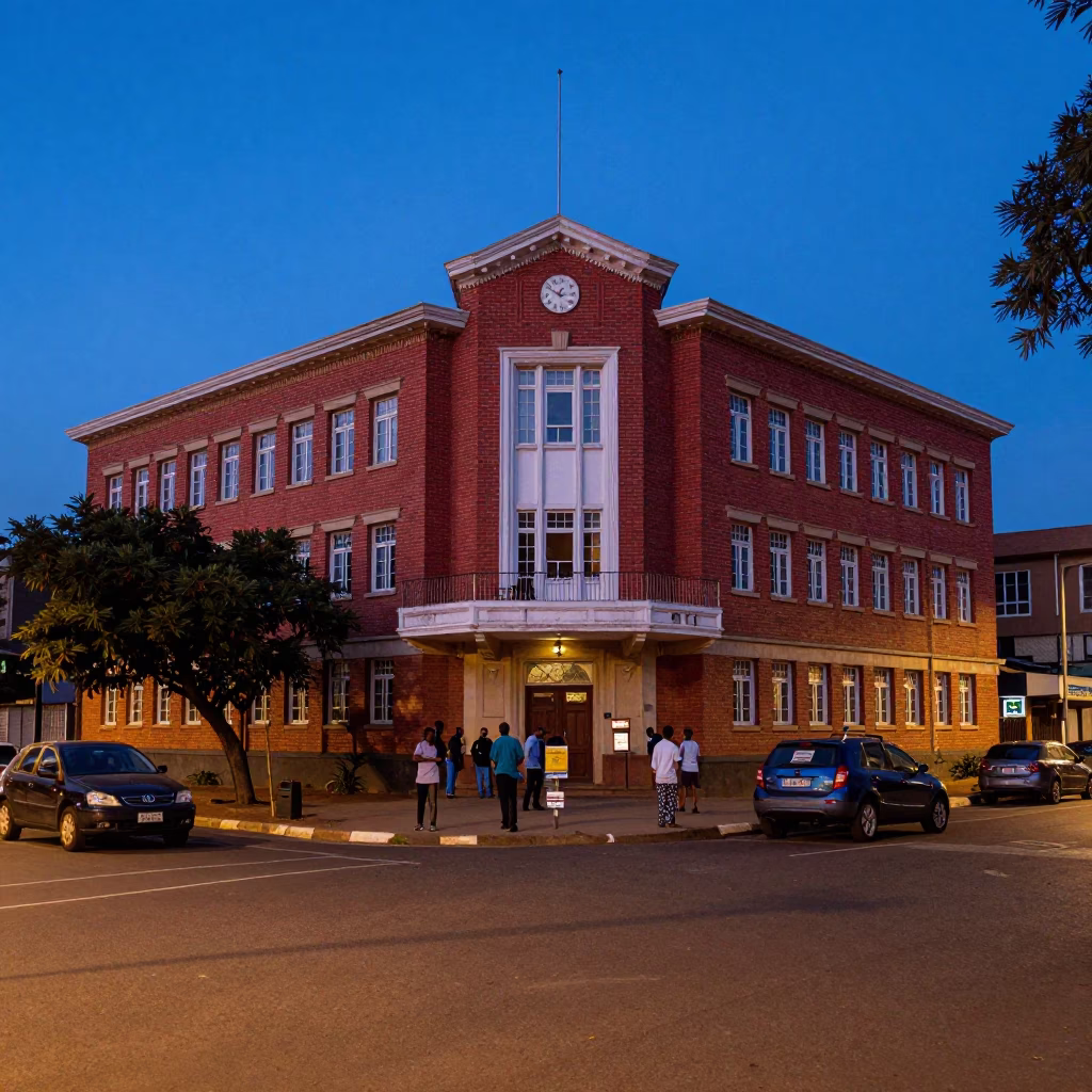 Nairobi Kenya indigo twilight street scene with red brick lecture building and bicycle rack in in Nairobi, Kenya