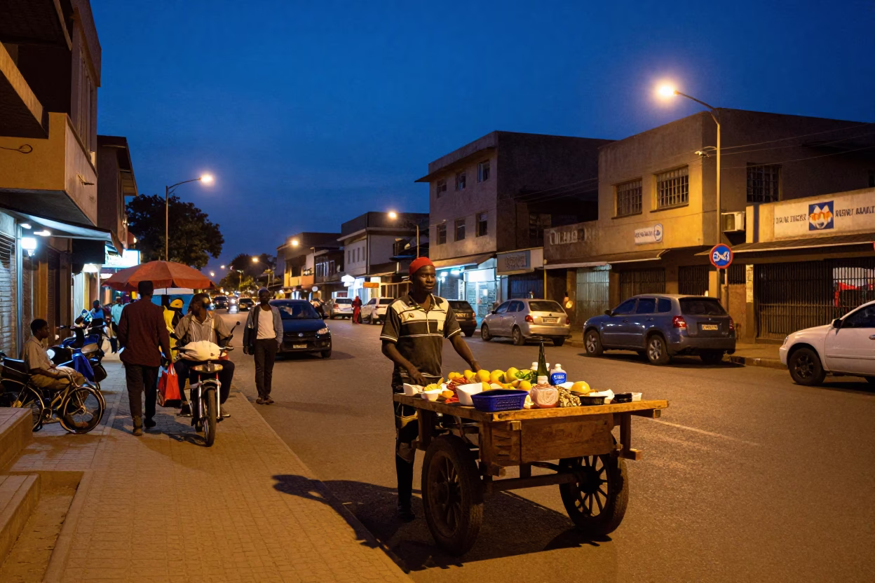 Nairobi Kenya indigo twilight street scene with vibrant colors and local life in in Nairobi, Kenya