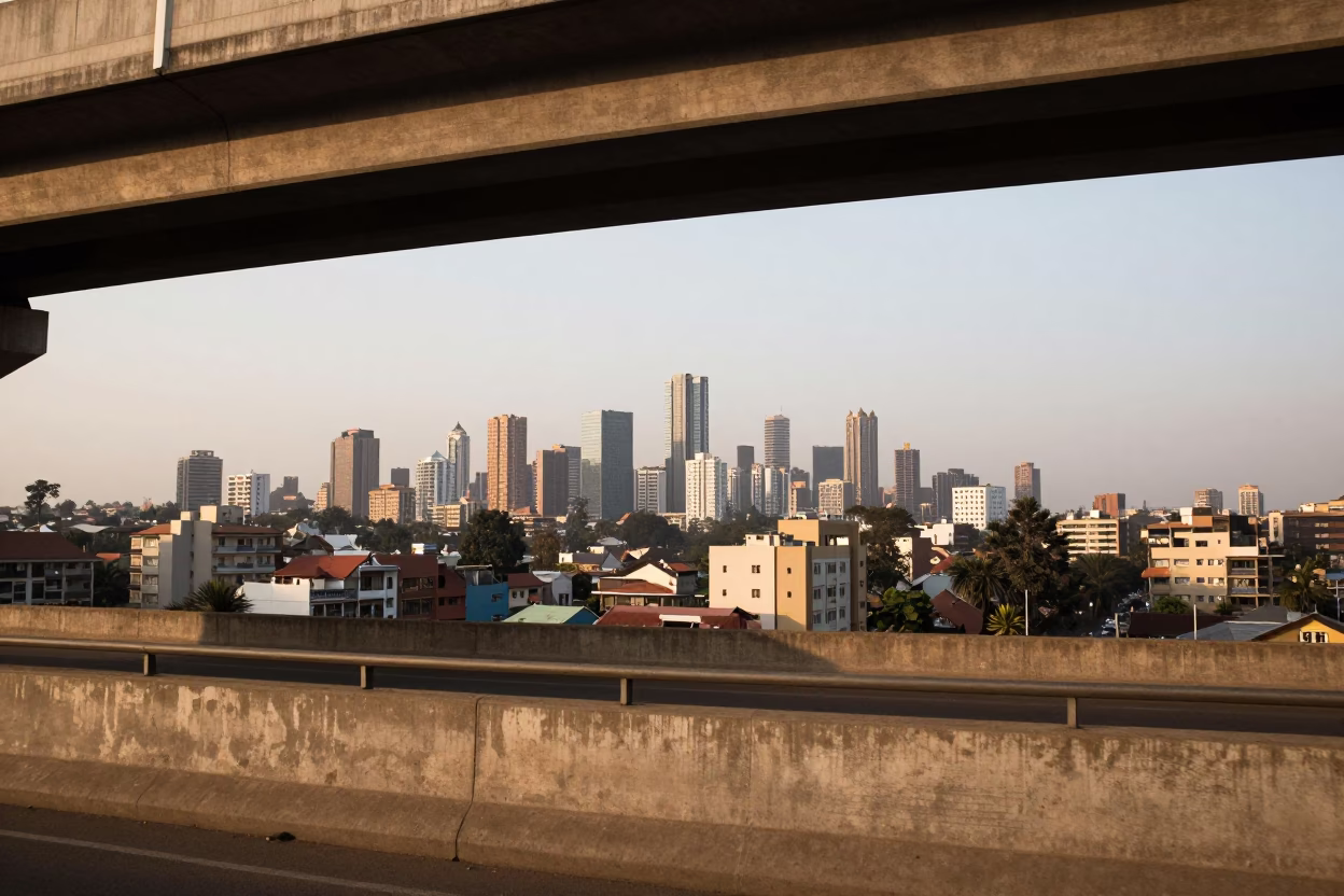 Nairobi Kenya Late Afternoon Skyline View Under Concrete Flyover Striped with Shadows in in Nairobi, Kenya