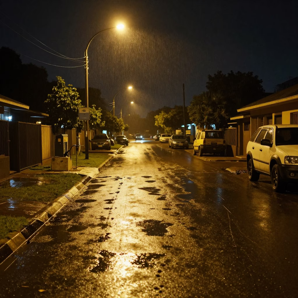 Nairobi Kenya Late Night Street Scene with Substation Puddles and Rain Reflections in in Nairobi, Kenya
