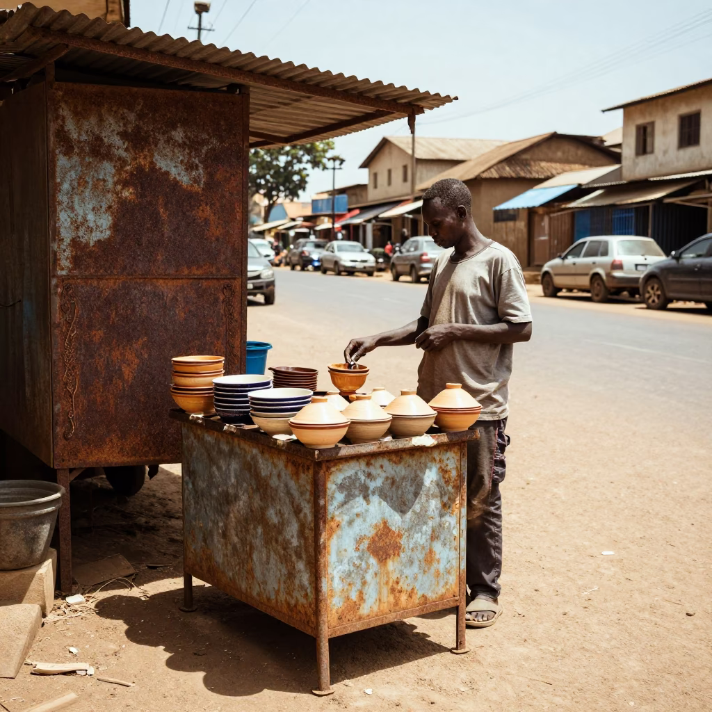 Nairobi Kenya Midday Street Scene with Rusty Metal and Local Commerce in in Nairobi, Kenya
