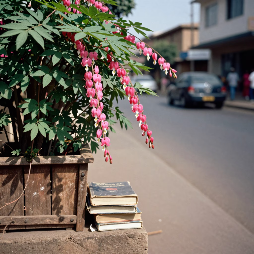 Nairobi Kenya Midmorning Street Scene with Bleeding Heart Vine and Books in in Nairobi, Kenya