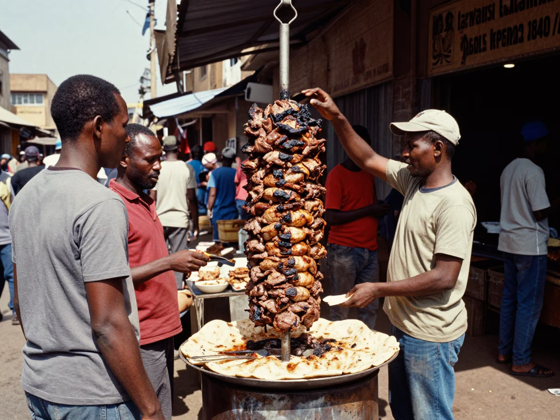 Nairobi Kenya midmorning street scene with kebab koobideh on lavash bread in in Nairobi, Kenya