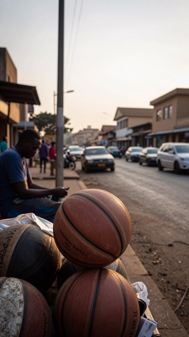 Nairobi Kenya Morning Light on Busy Street with Leather Basketball and Local Commerce in in Nairobi, Kenya