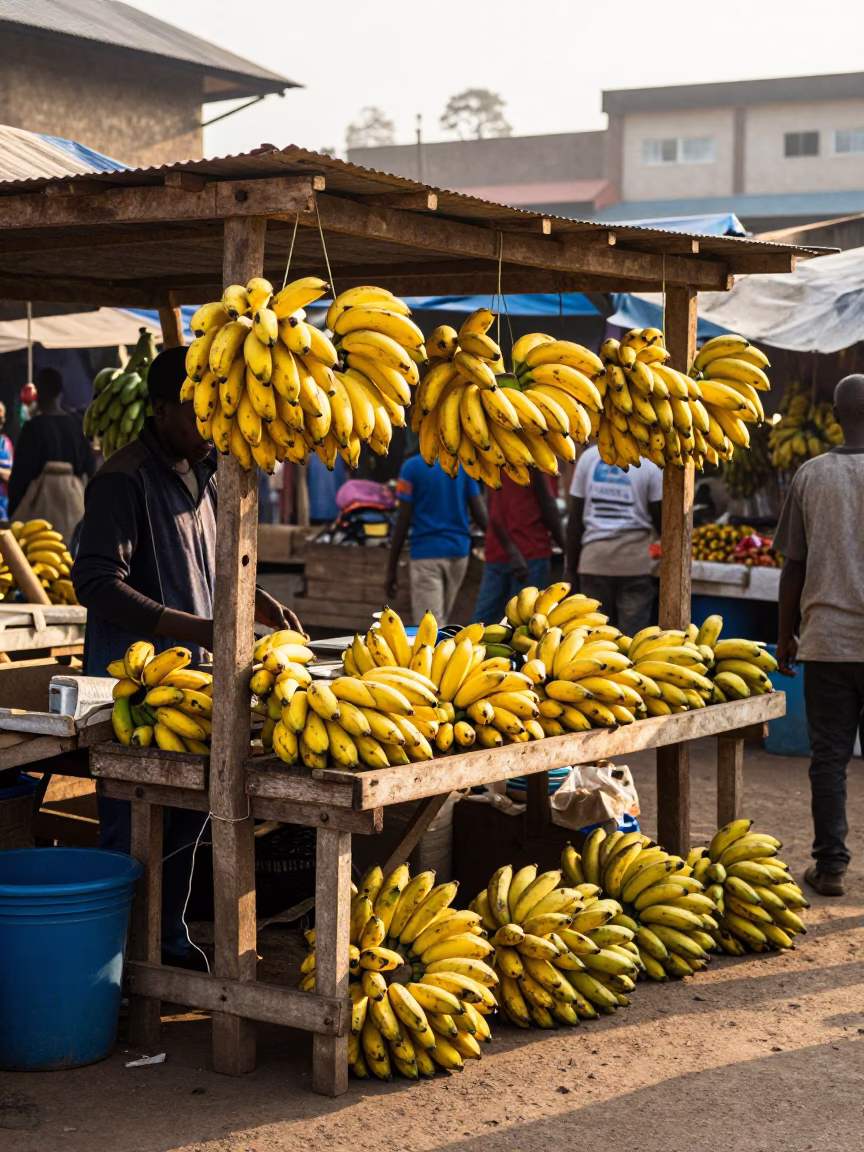 Nairobi Kenya Morning Market Scene with Banana Bunches and Concrete Infrastructure in in Nairobi, Kenya