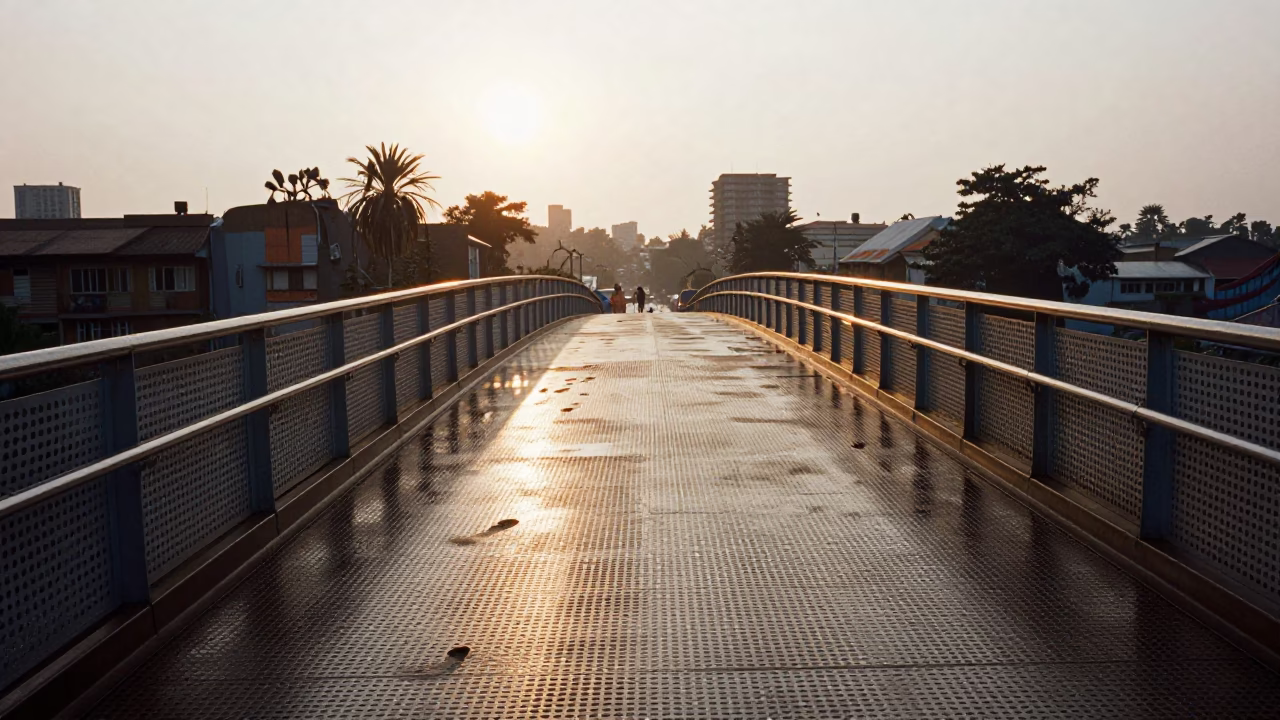 Nairobi Kenya Morning Pedestrian Overpass with Wet Footsteps and Urban Life in in Nairobi, Kenya