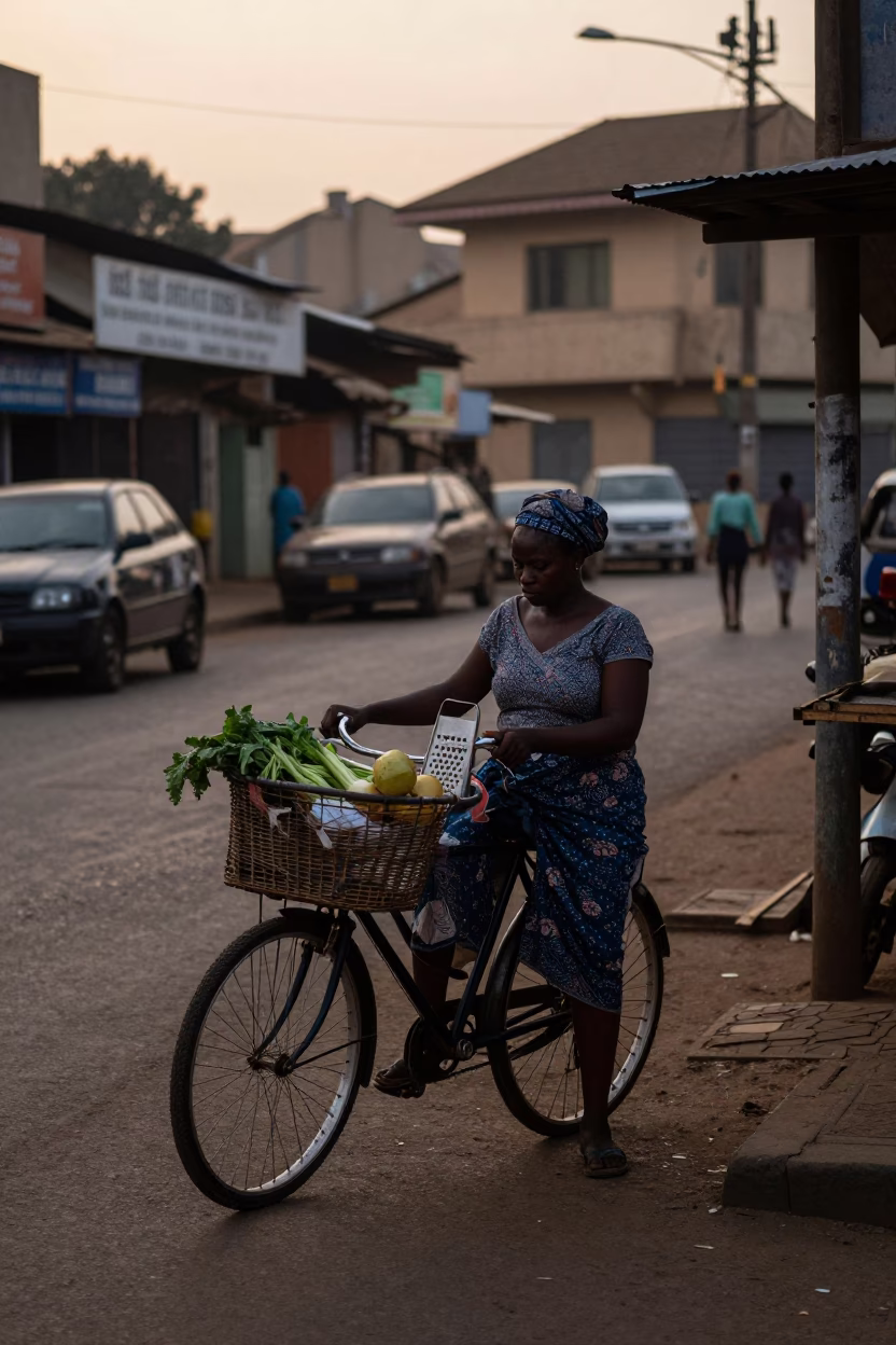Nairobi Kenya Morning Street Scene With Bicycle Basket And Local Market Activity in in Nairobi, Kenya