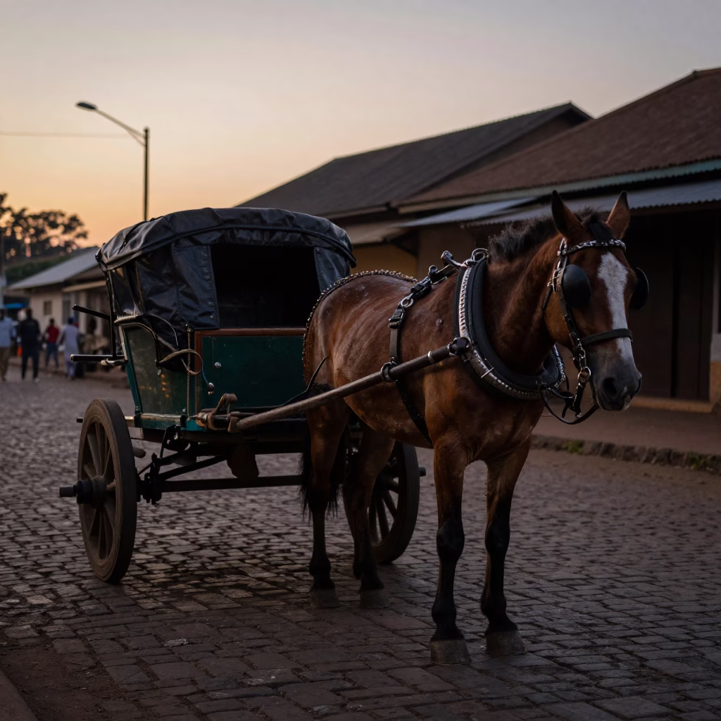 Nairobi Kenya Nautical Dawn Street Scene with Horse Cart and Oil Lamp in in Nairobi, Kenya