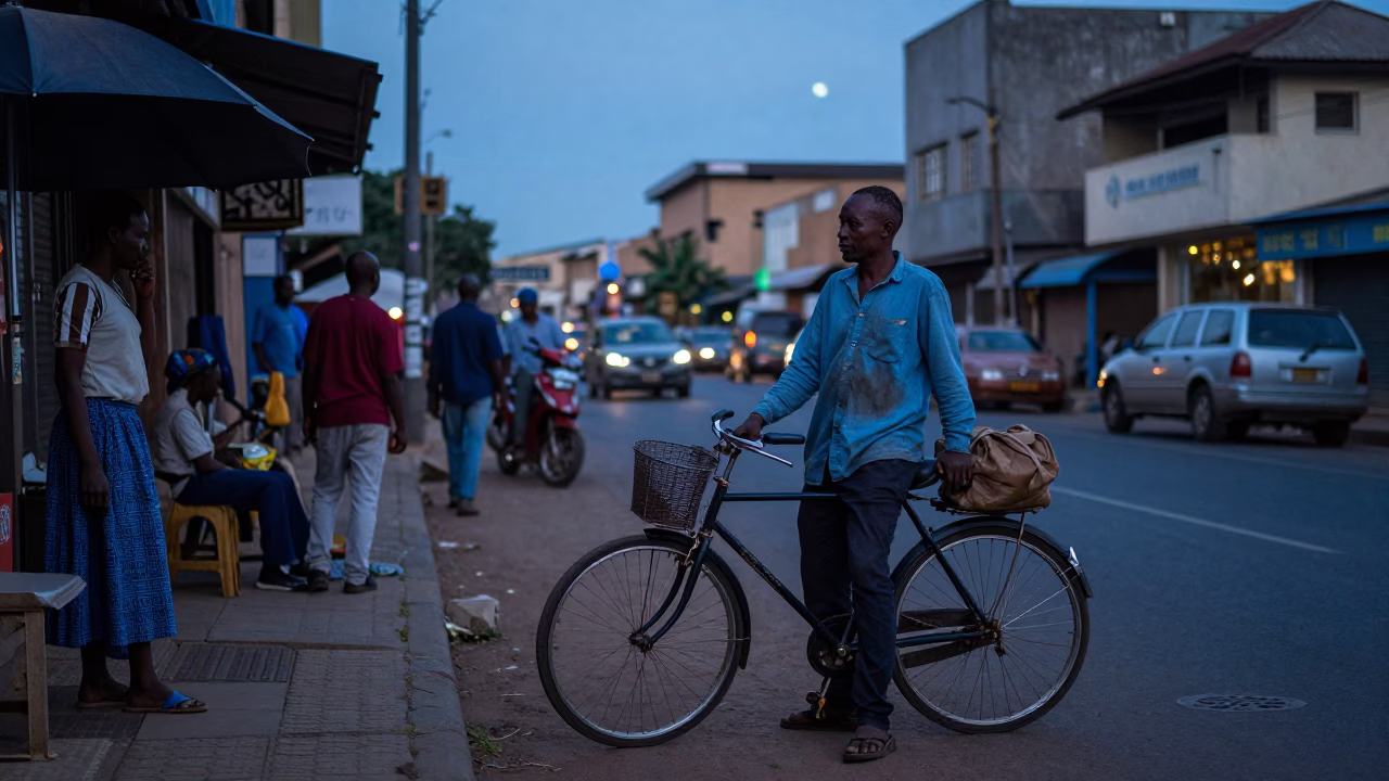 Nairobi Kenya Nautical Dawn Street Scene with Local Vendor and Bicycle in in Nairobi, Kenya