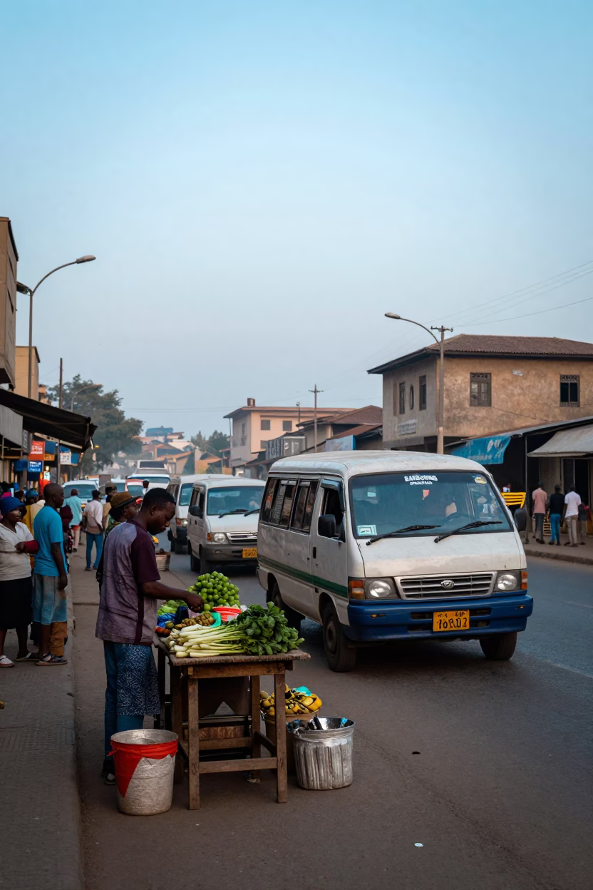 Nairobi Kenya Nautical Dawn Street Scene with Matatu and Local Market Activity in in Nairobi, Kenya