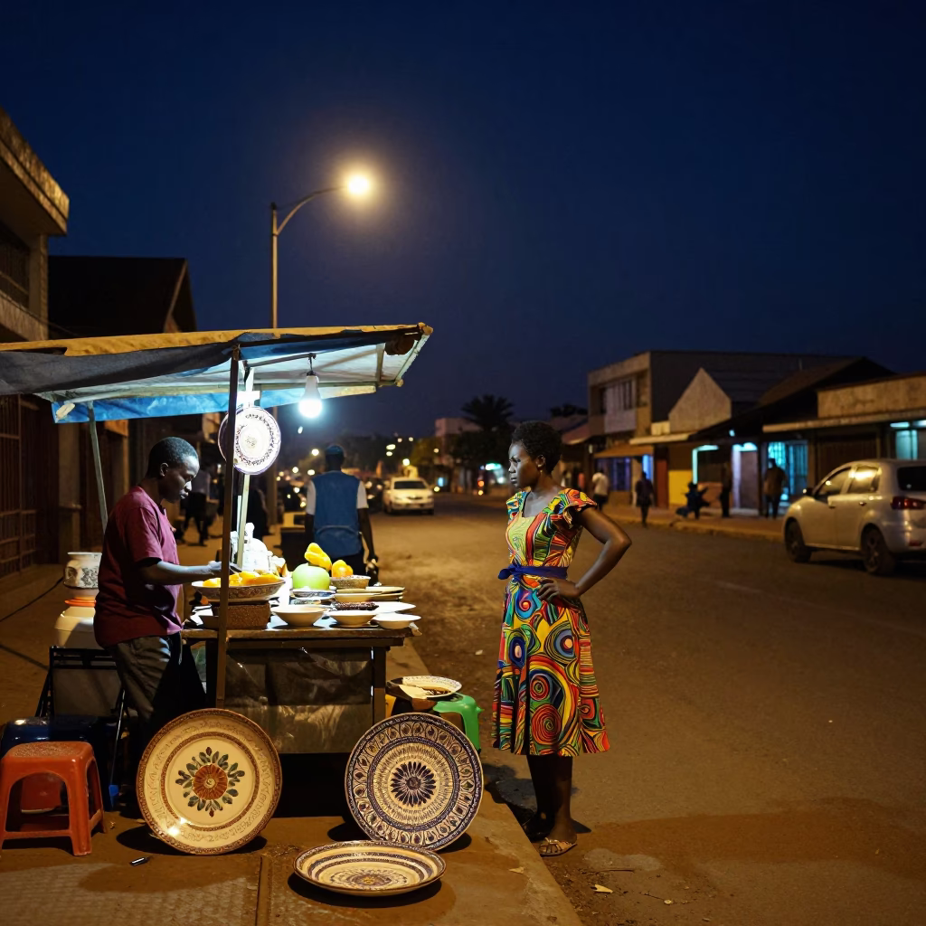 Nairobi Kenya Night Street Scene with Vintage Majolica Plate and Local Market Activity in in Nairobi, Kenya
