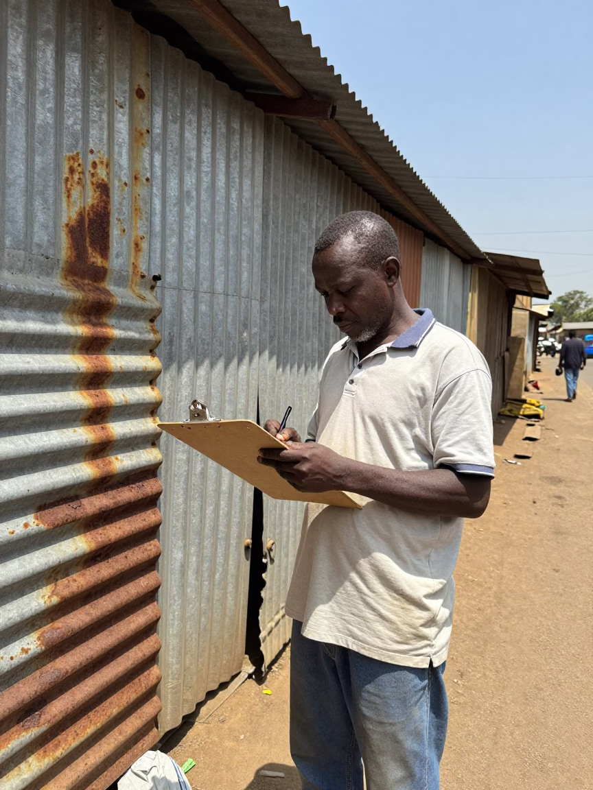 Nairobi Kenya Noon Street Scene with Clipboard and Rusty Metal Gate in in Nairobi, Kenya