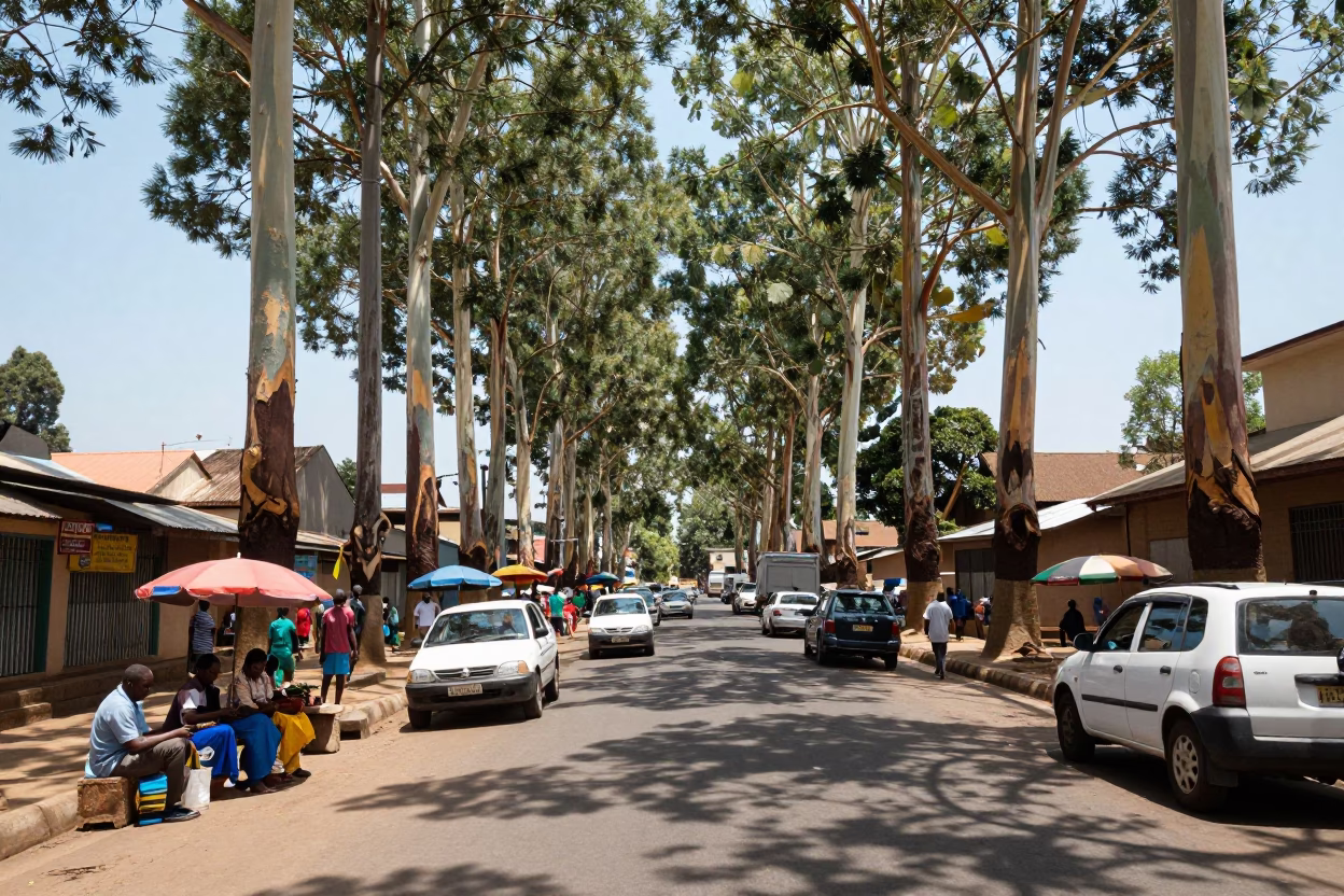 Nairobi Kenya Noon Street Scene with Eucalyptus Grove and Local Market Activity in in Nairobi, Kenya