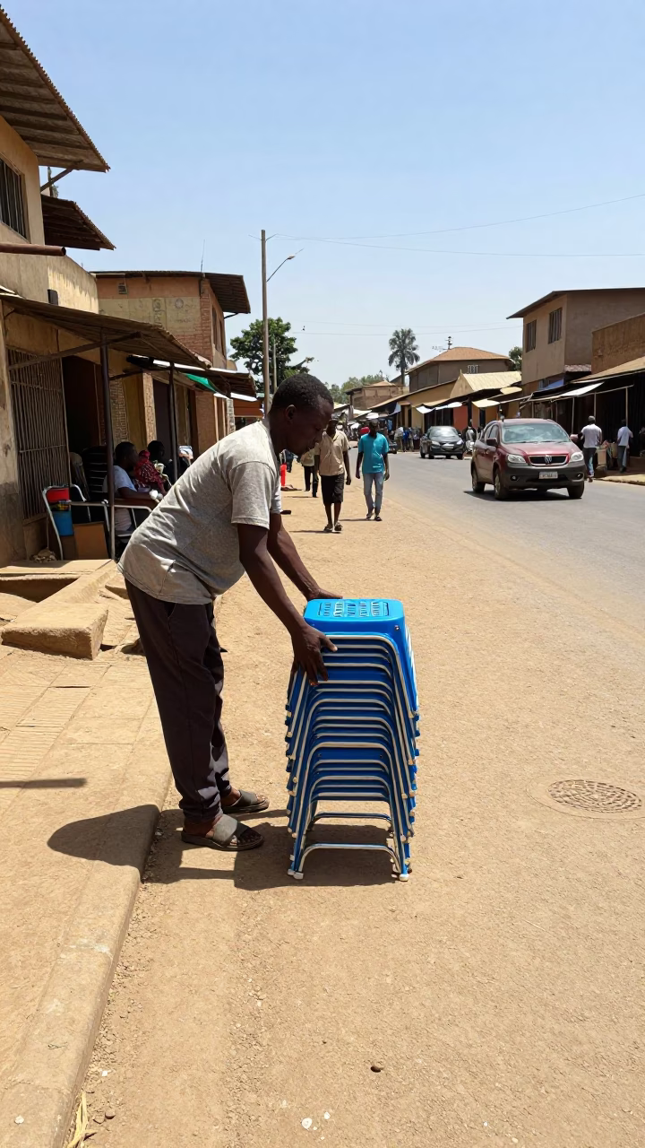Nairobi Kenya Noon Street Scene with Vendor Folding Stools and Urban Life in in Nairobi, Kenya