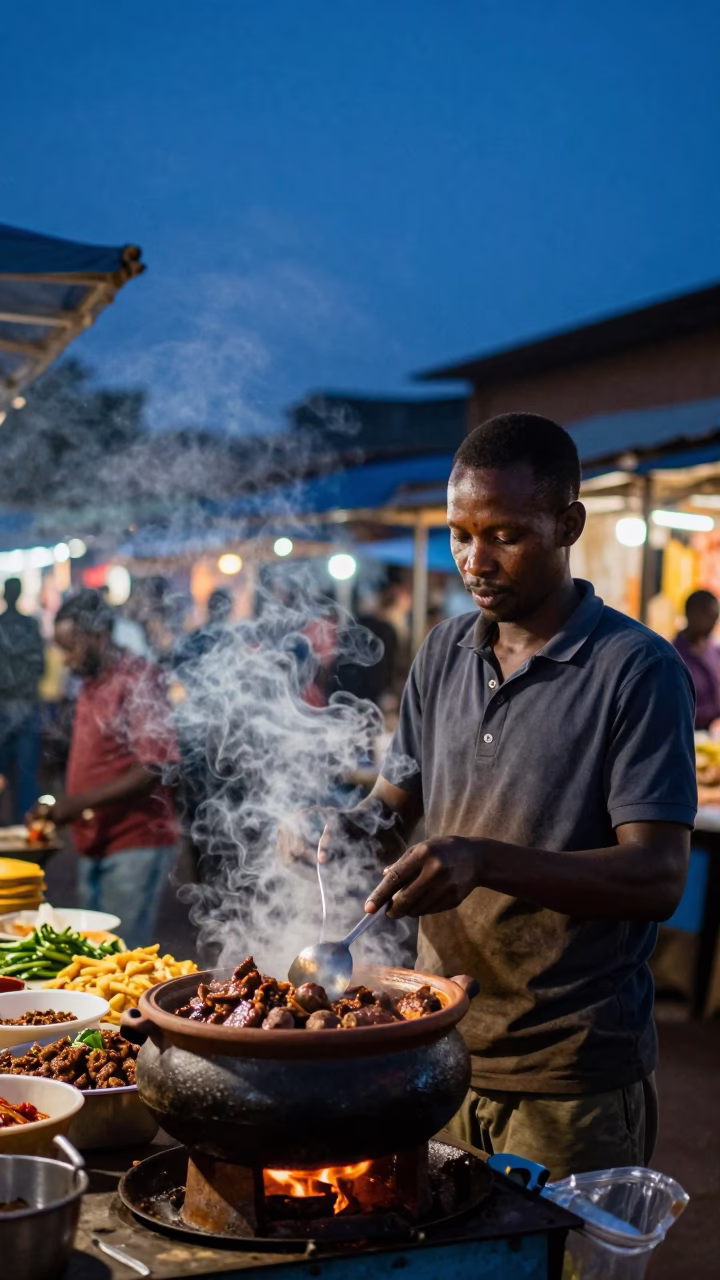 Nairobi Kenya Nyama Choma Street Food Indigo Twilight Market Scene in in Nairobi, Kenya