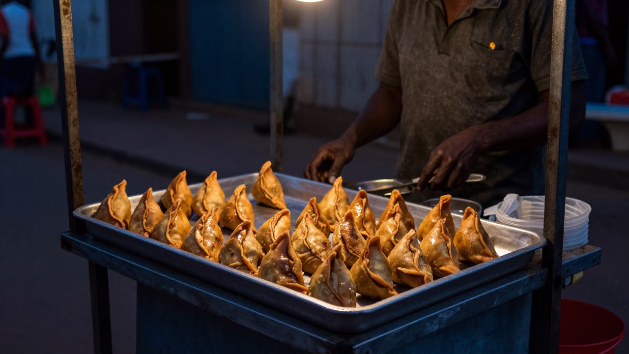 Nairobi Kenya Predawn Street Food Stall with Sambusa Tray and Night Light in in Nairobi, Kenya