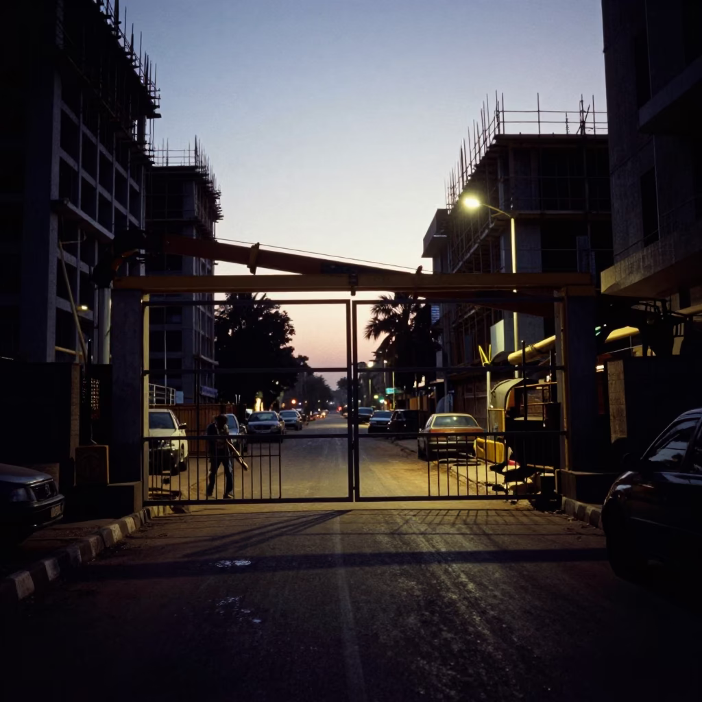 Nairobi Kenya Predawn Street Scene With Construction Elevator Gate And Rebar Bundles in in Nairobi, Kenya