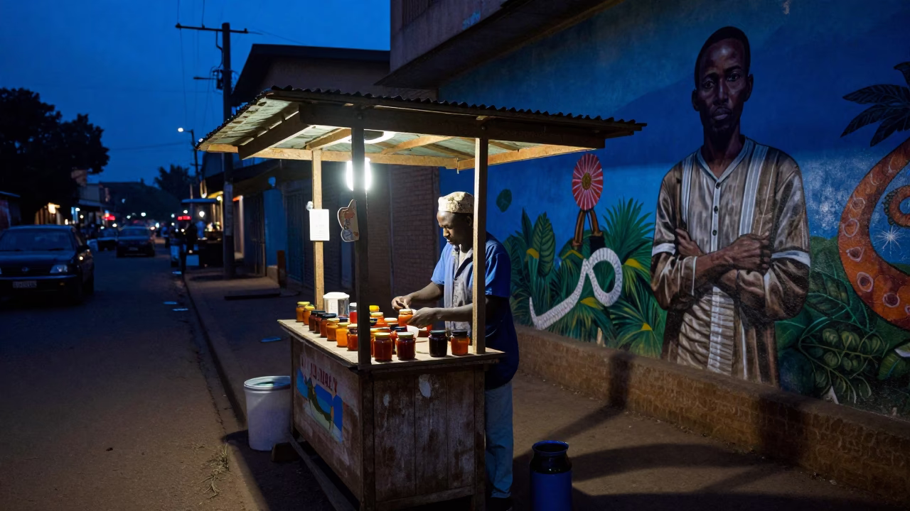 Nairobi Kenya Predawn Street Scene with Jam Jar and Muralist at Work in in Nairobi, Kenya