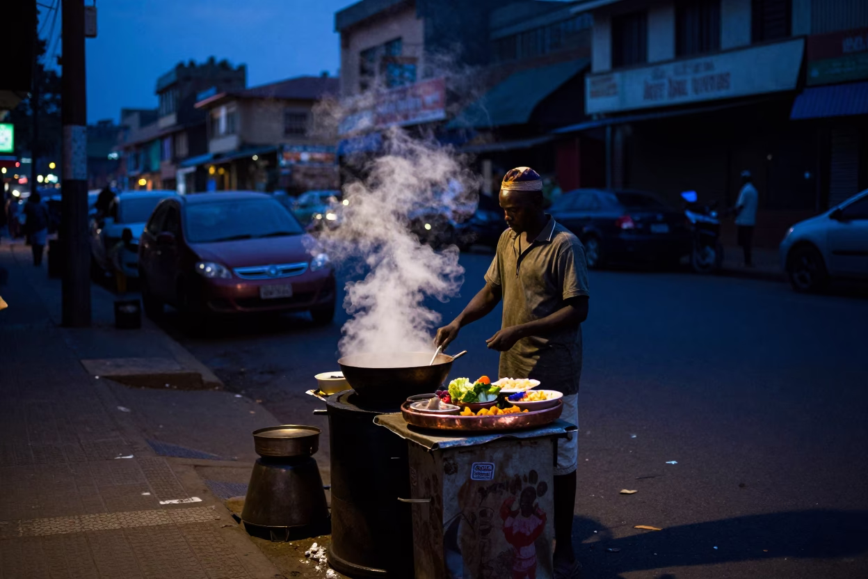 Nairobi Kenya Predawn Street Scene with Steaming Hotpot Vendor and Copper Tray in in Nairobi, Kenya