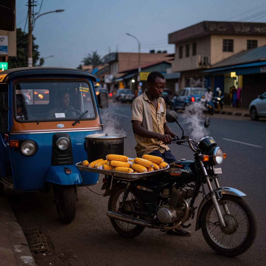Nairobi Kenya Predawn Street Scene with Vendor and Electric Vehicle in in Nairobi, Kenya