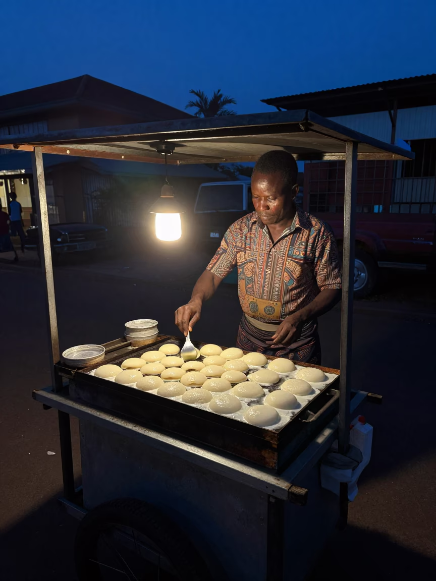 Nairobi Kenya Predawn Street Vendor Cooking Mochi Tray at Night in in Nairobi, Kenya