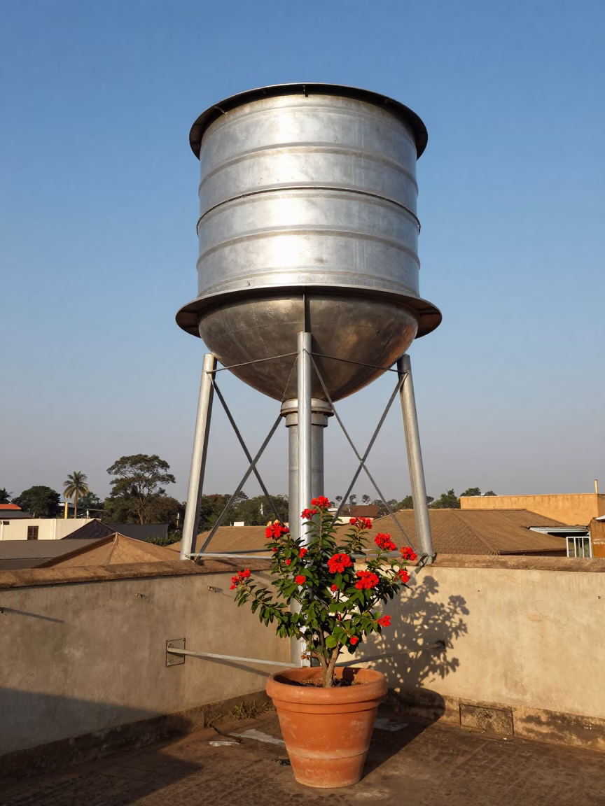 Nairobi Kenya Rooftop Water Tower and Flowering Plant in Early Afternoon Sunlight in in Nairobi, Kenya