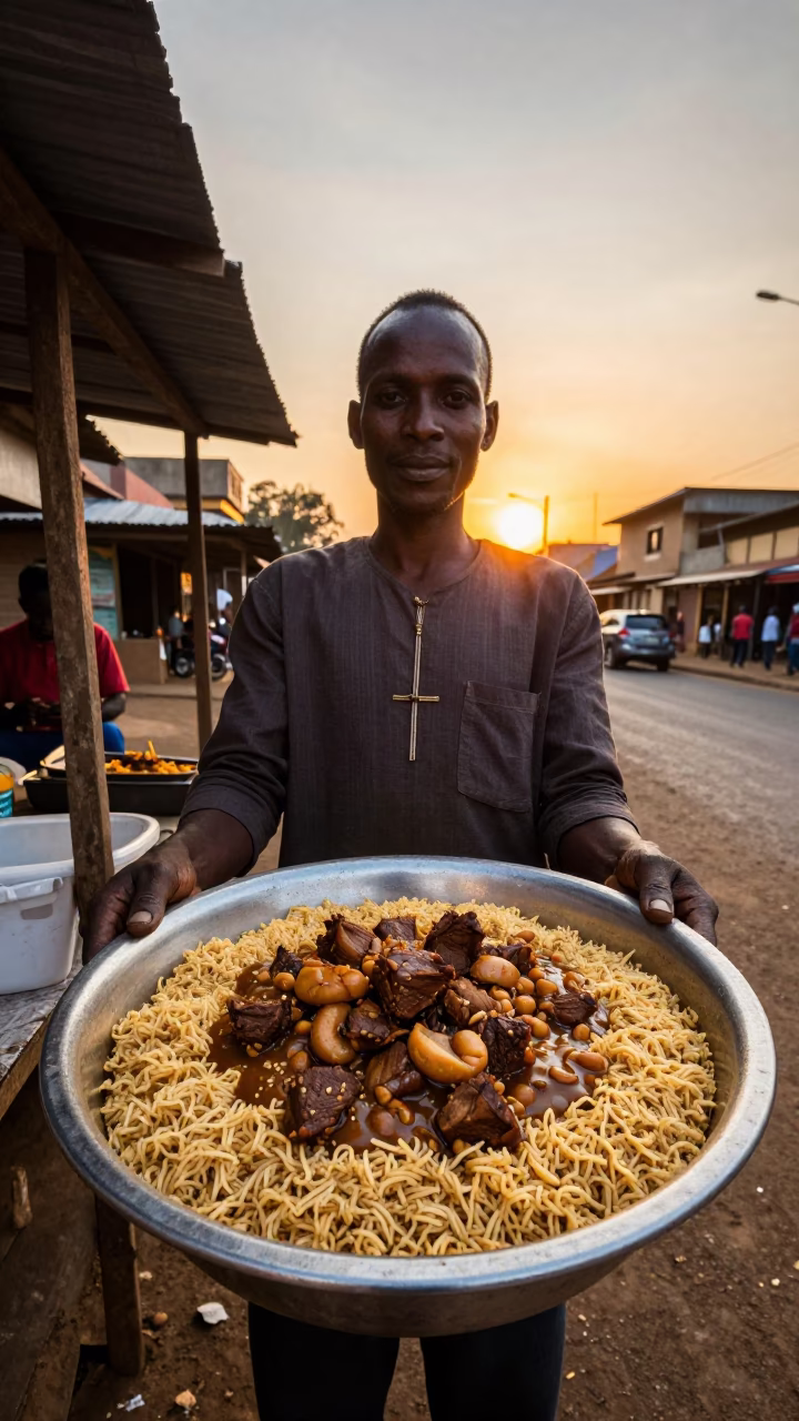 Nairobi Kenya Street Food Vendor Serving Maafe at Sunset in in Nairobi, Kenya