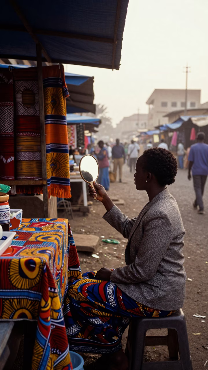 Nairobi Kenya Street Market Dawn Light Hand Mirror and Textile Vendor Candid Moment in in Nairobi, Kenya