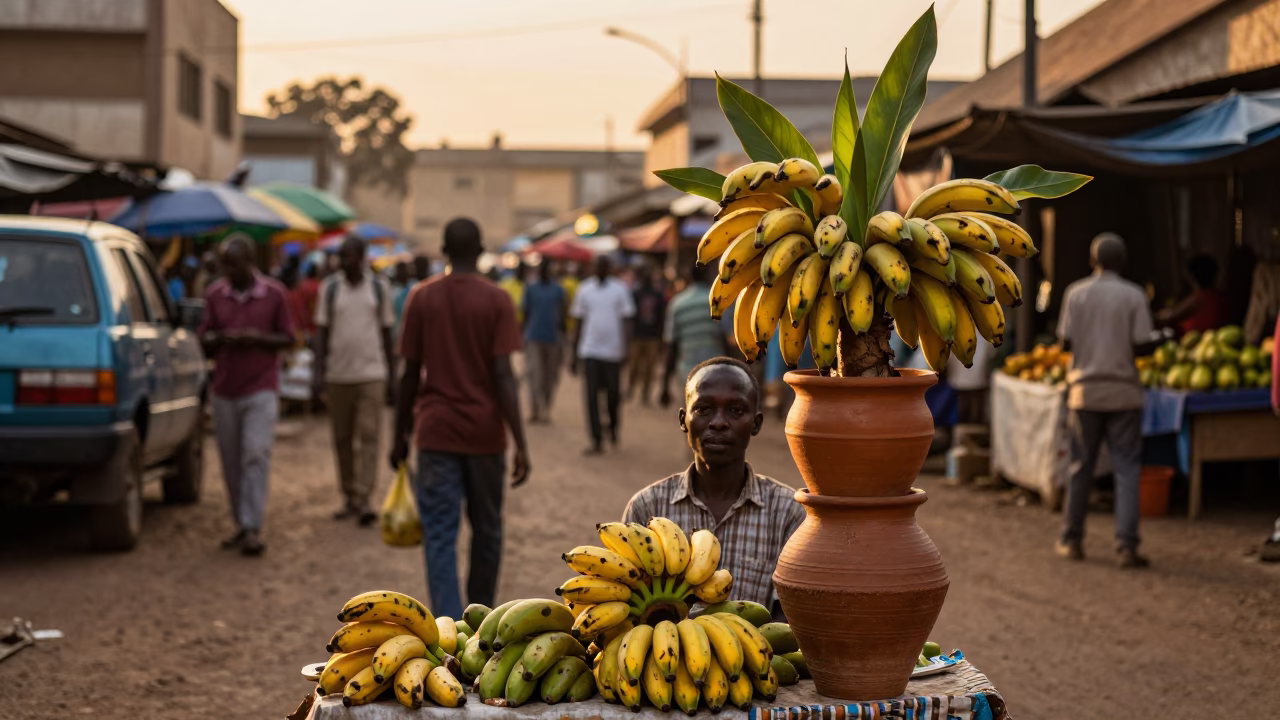 Nairobi Kenya street market evening light with bananas and flowerpot in in Nairobi, Kenya