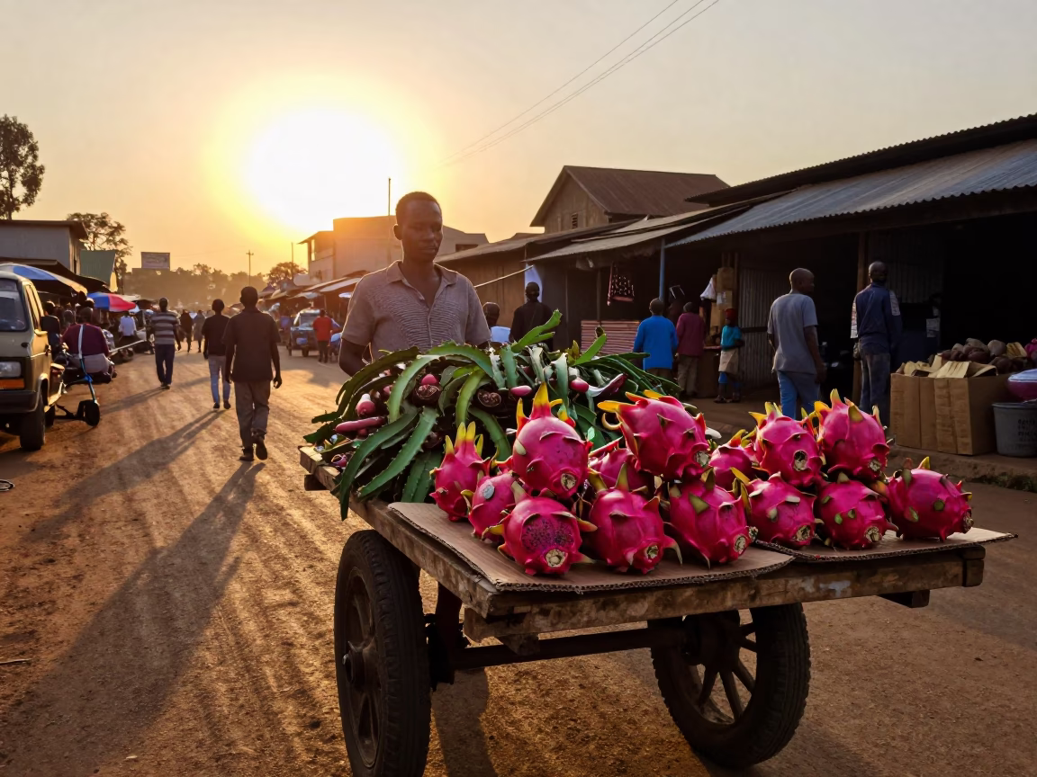 Nairobi Kenya street market scene at sunset with dragon fruit and local vendor interaction in in Nairobi, Kenya