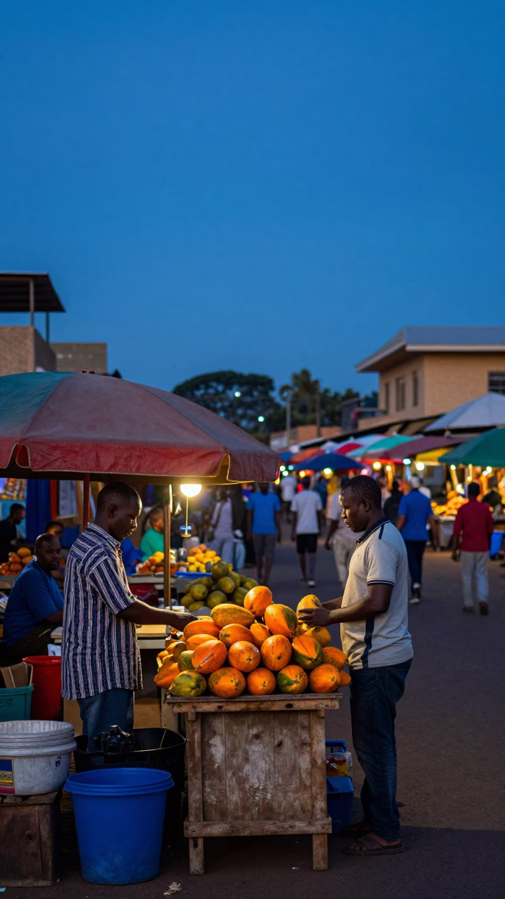 Nairobi Kenya street scene at blue hour with vibrant market stalls and local commerce in in Nairobi, Kenya