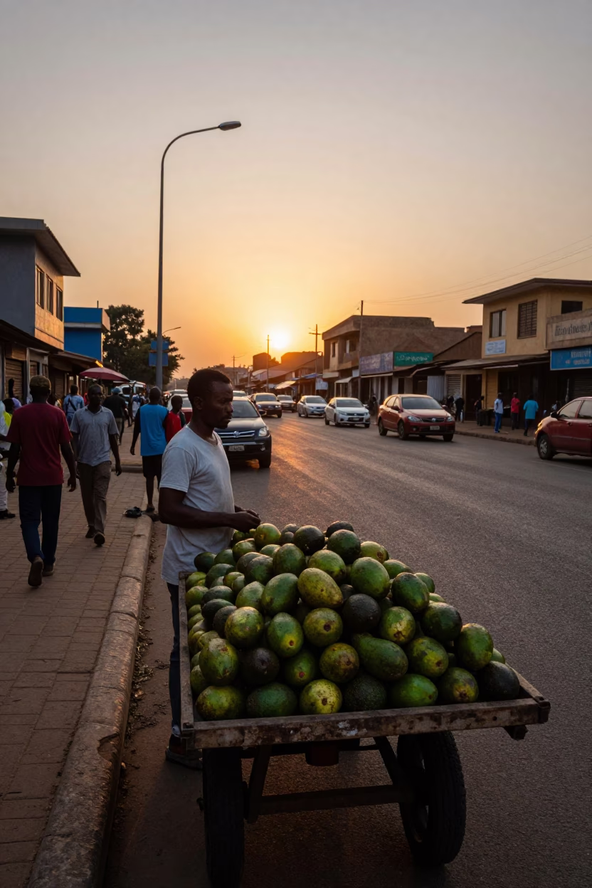Nairobi Kenya street scene at dusk with avocados and shirt hanger in in Nairobi, Kenya