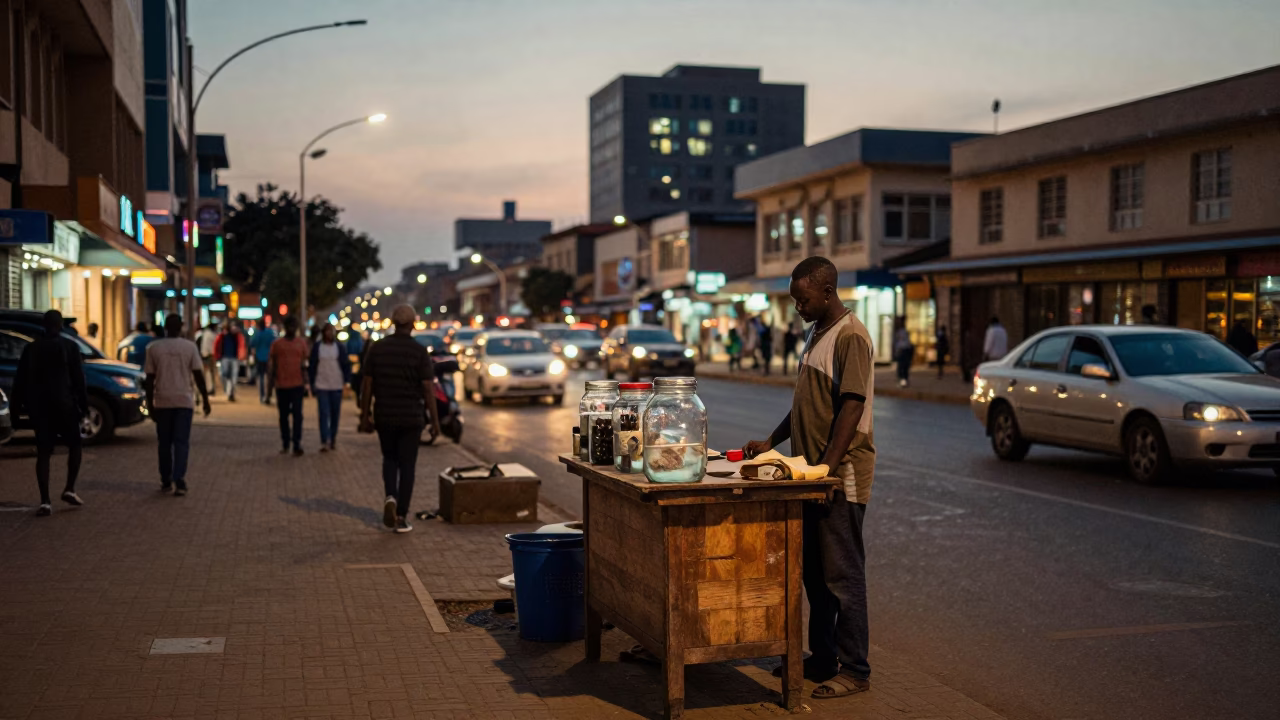 Nairobi Kenya Street Scene at Dusk with Glass Jar and Wicker Shadow in in Nairobi, Kenya