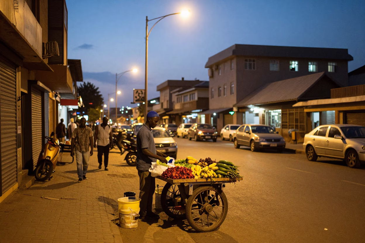 Nairobi Kenya street scene at dusk with local vendor and urban lighting in in Nairobi, Kenya