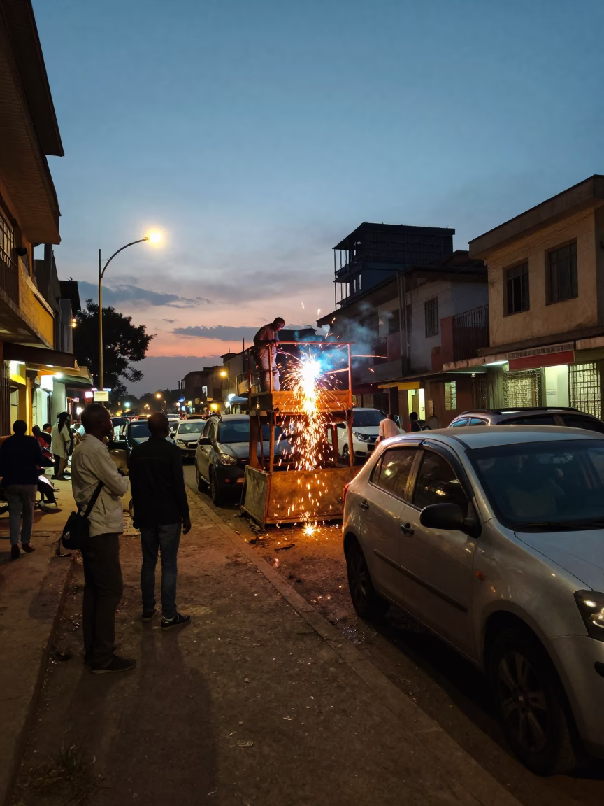 Nairobi Kenya Street Scene at Dusk with Welding Sparks Under Bridge Construction Site in in Nairobi, Kenya