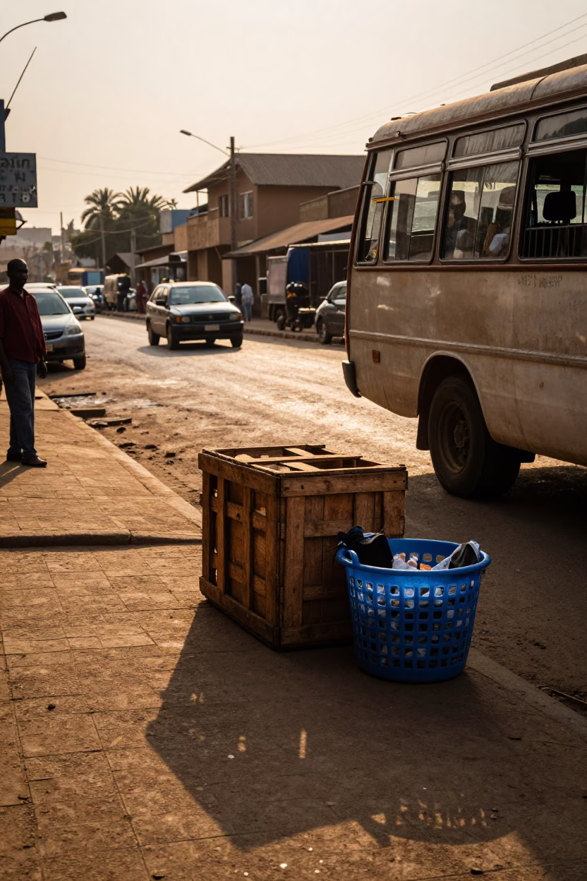 Nairobi Kenya Street Scene at Golden Hour with Crate and Laundry Basket in in Nairobi, Kenya