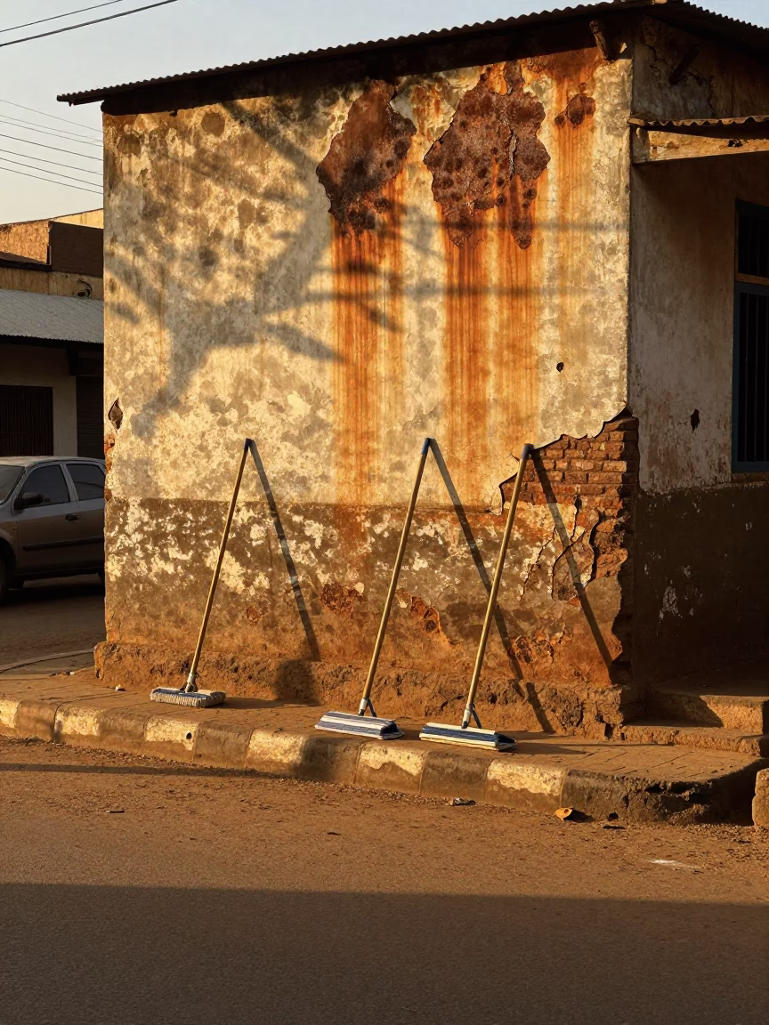 Nairobi Kenya Street Scene at Golden Hour with Rusty Wall and Mops in in Nairobi, Kenya