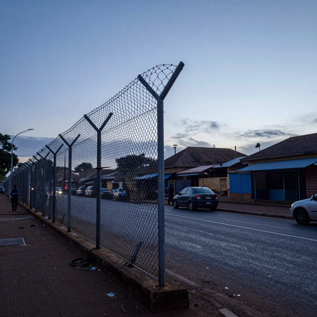 Nairobi Kenya street scene at nautical dawn with substation fence and dew in in Nairobi, Kenya