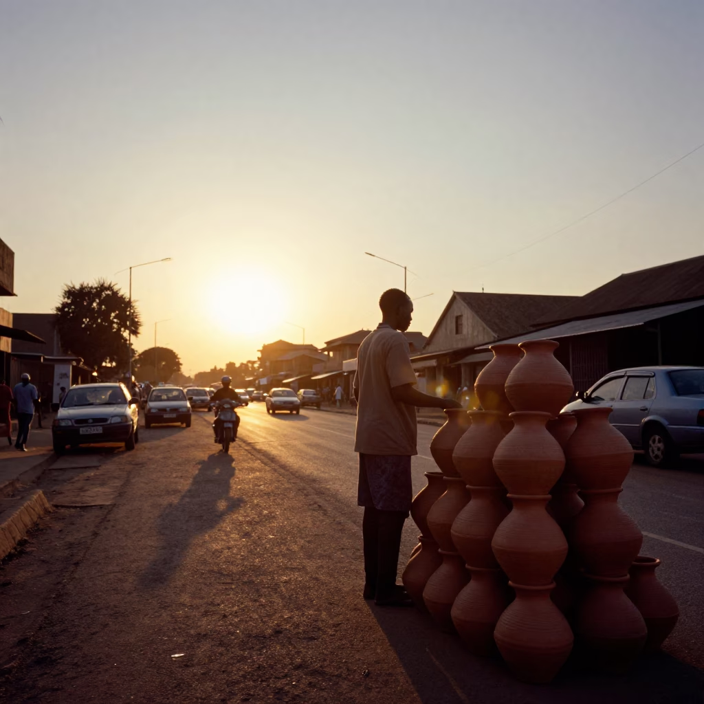 Nairobi Kenya street scene at sunset with clay pots and terracotta pots near traffic in in Nairobi, Kenya